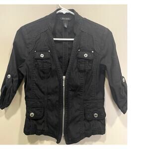 WHBM Black Linen Blend Shrug Fitted Short Jacket Biker Zipper Accent Size 4
